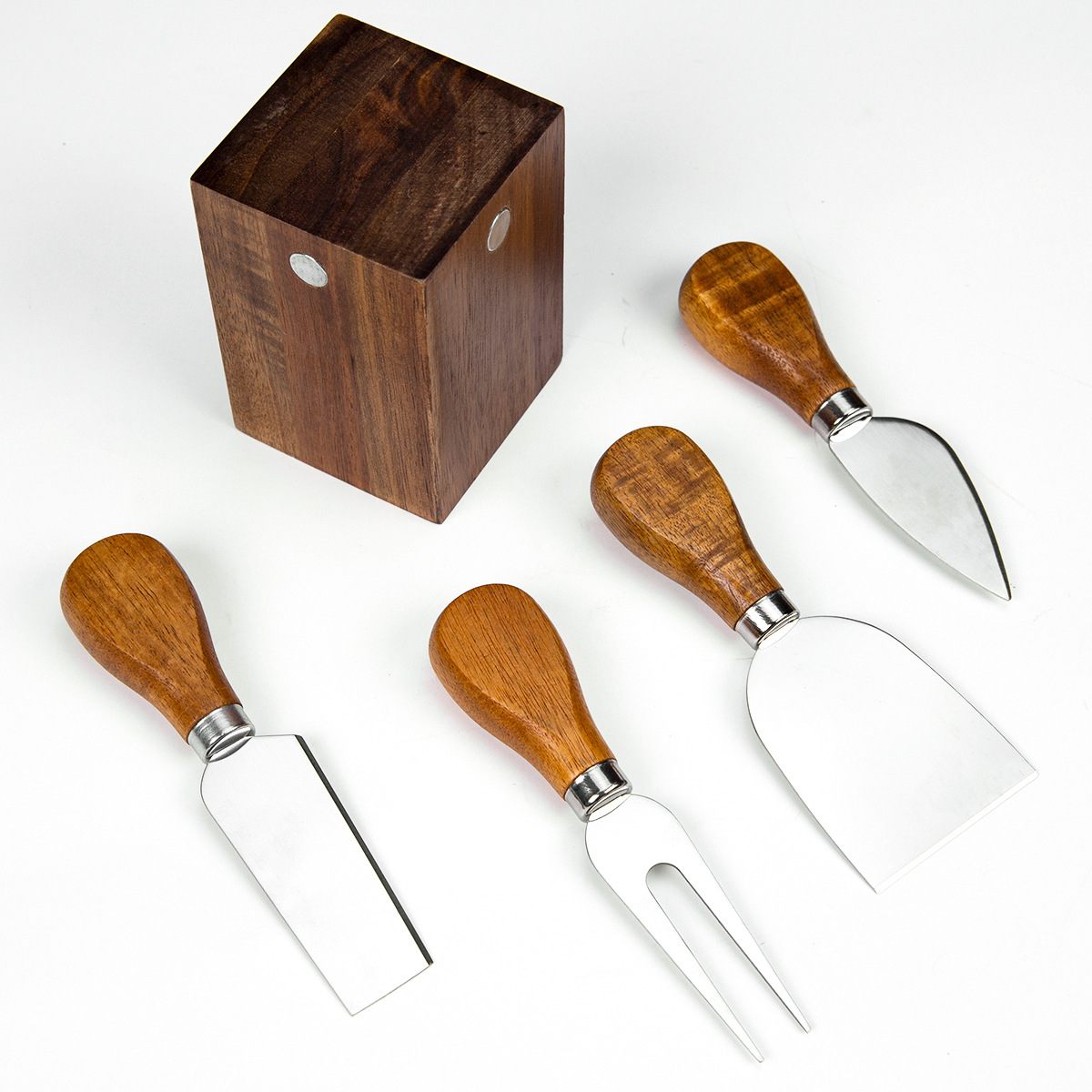 4-Piece Cheese Knife Set with Wooden Magnetic Storage Block – Stainless Steel & Acacia Wood